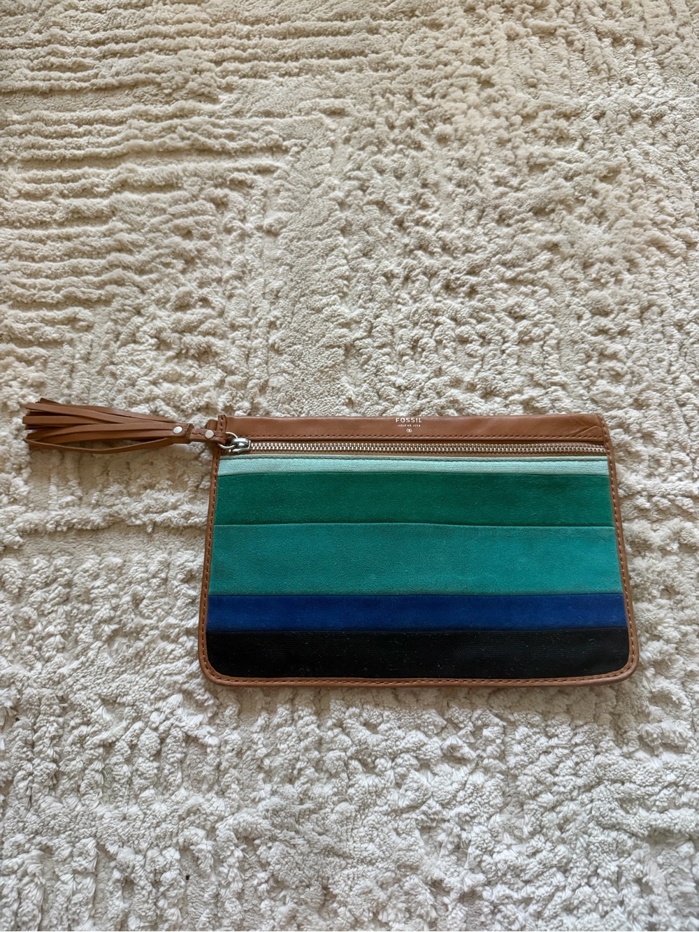 Fossil Striped Suede Wristlet in Teal, Blue, Black, Tan
